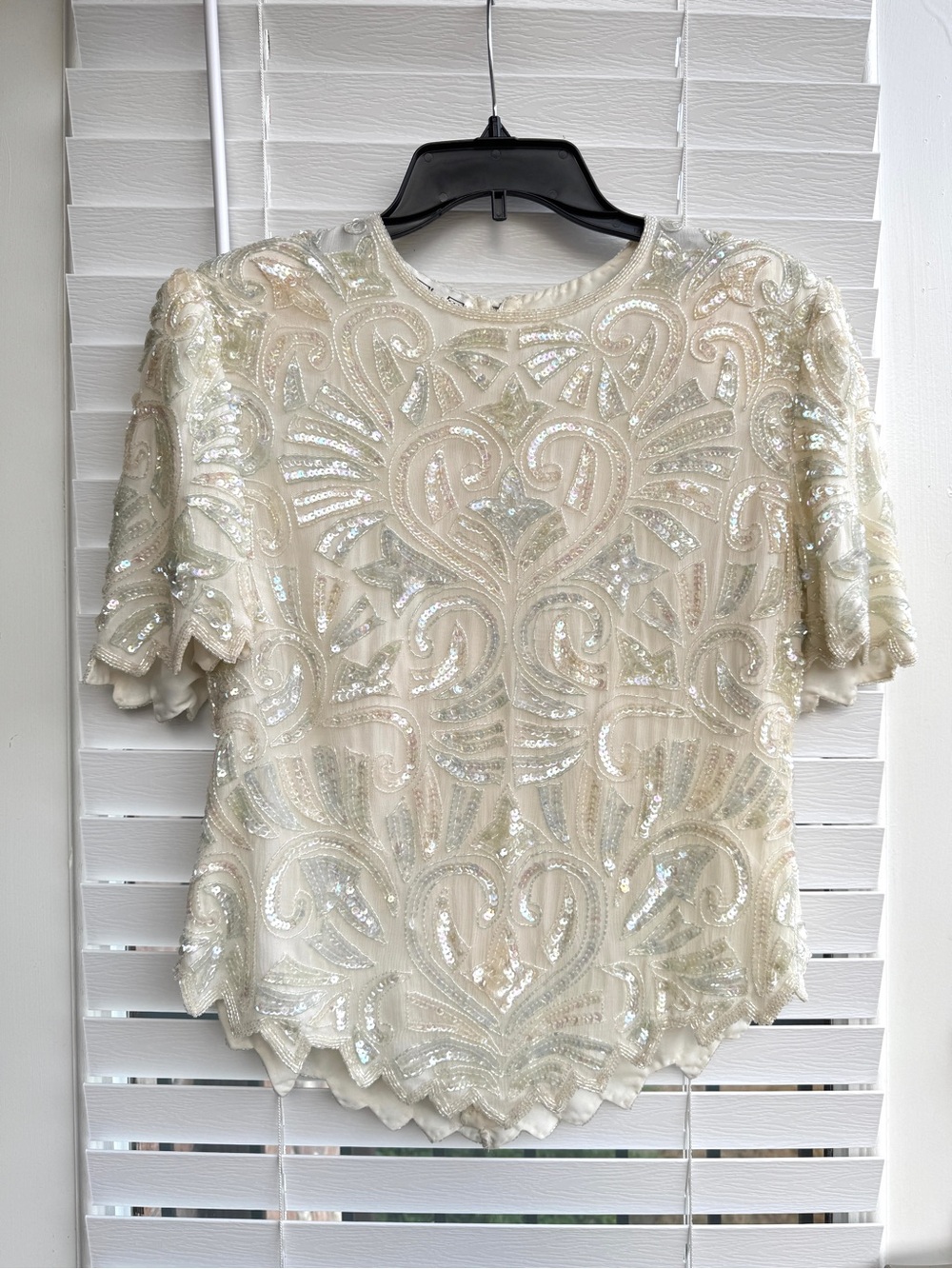 Vintage SCALA Beaded Sequin Ivory Top Art Deco Gatsby Bridal Evening Blouse S/M